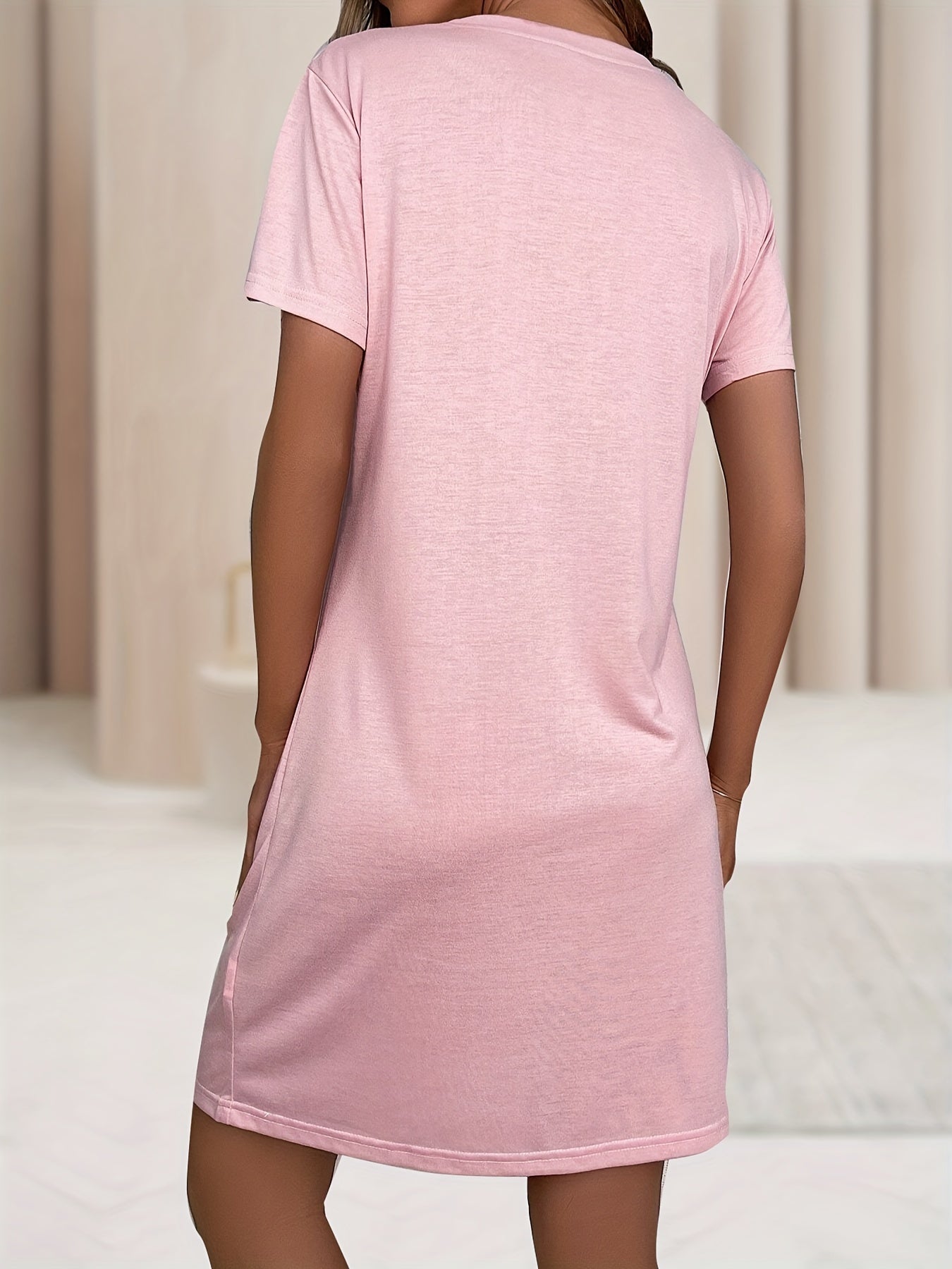 Heart Print Short Sleeve Round Neck Stretch Sleep Dress