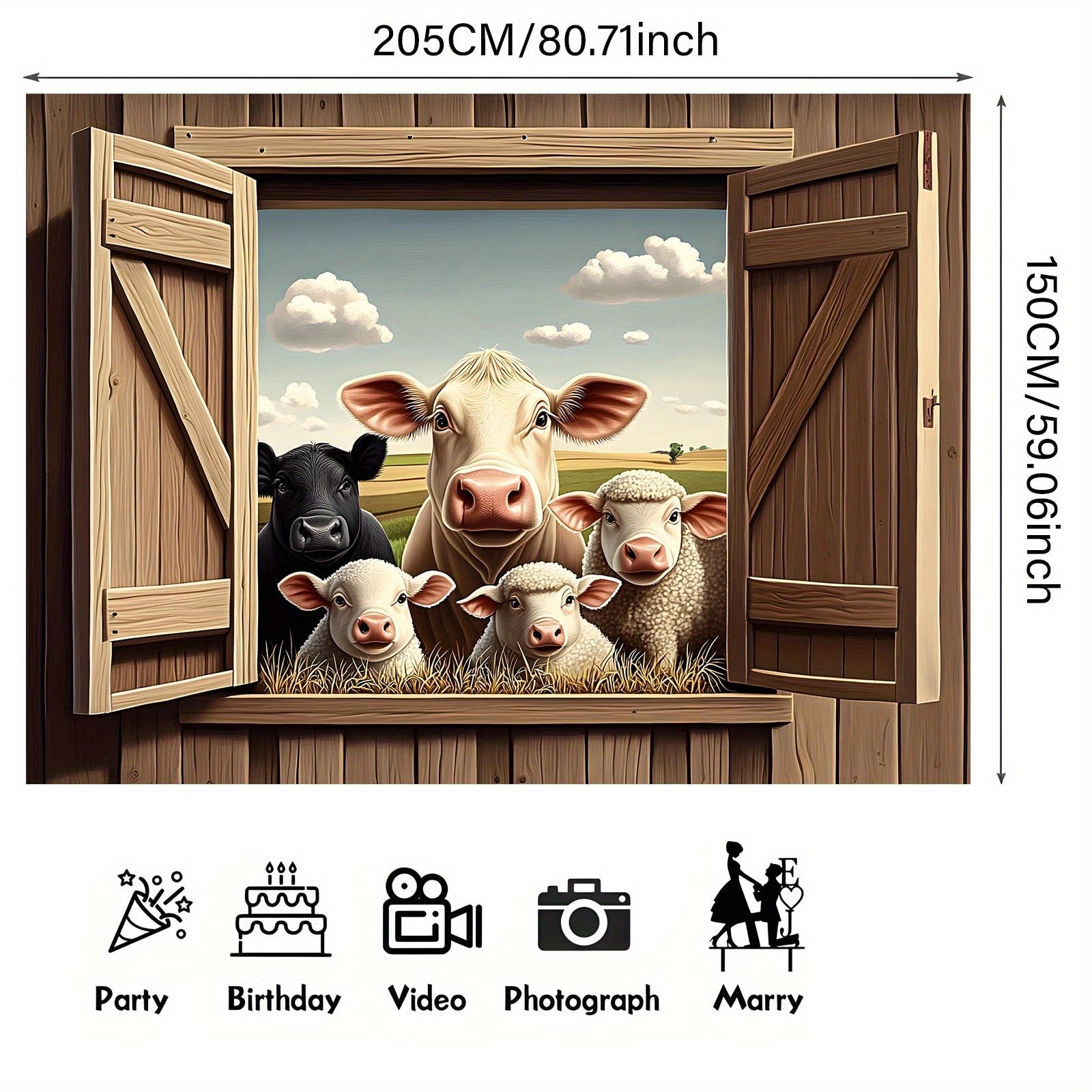 Rustic Farm Animals Peep Through Window Wall Decor with Cow & Sheep Illustration