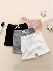 4pcs Toddler Girls Frill Trim Bow Waist Cotton Shorts Set
