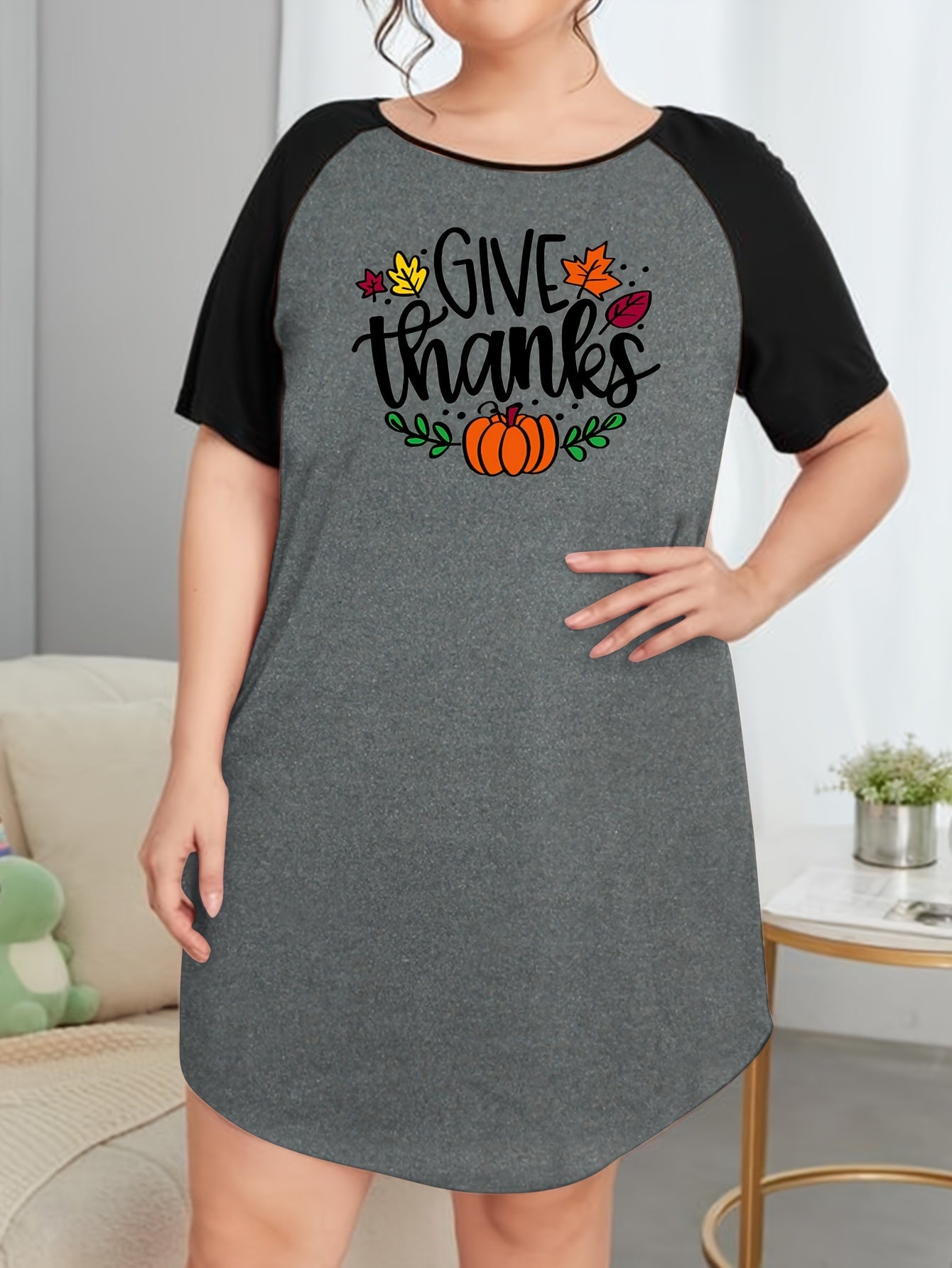 Pumpkin Print Raglan Sleeve Tee Sleep Dress