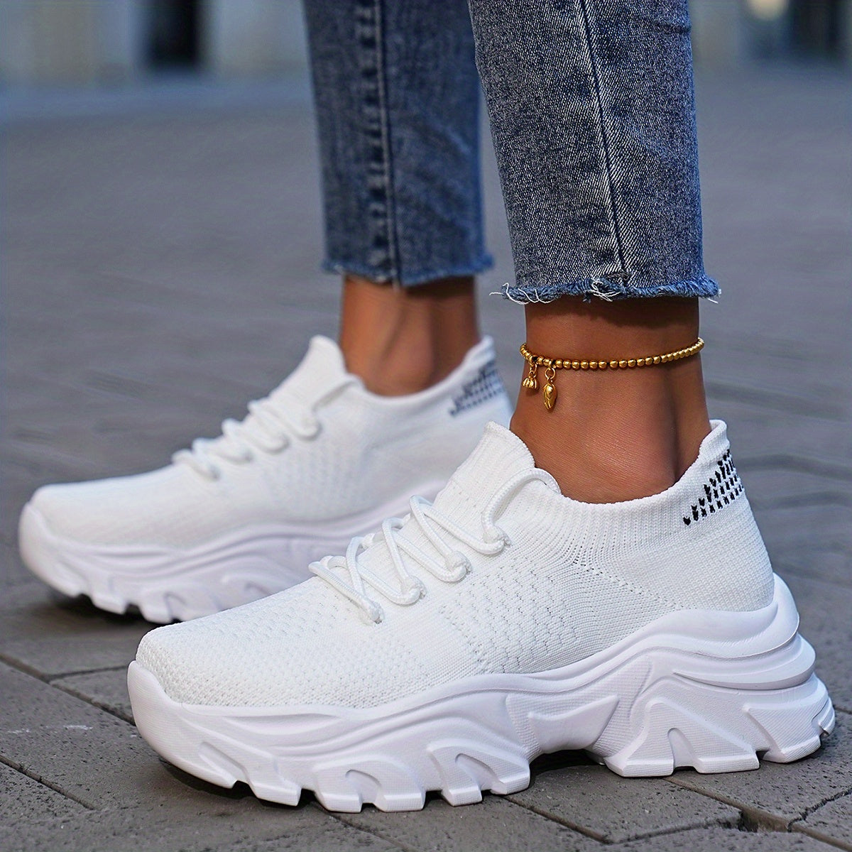 Women's Knit Platform Sneakers Lace Up Outdoor Shoes Lightweight Running Shoes