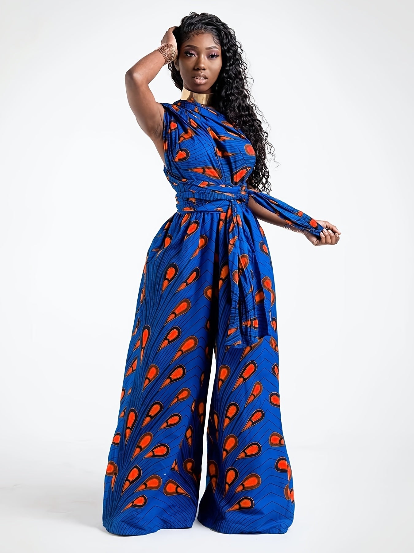 Boho Sleeveless Wide Leg Jumpsuit, Slim Waist, Long Length