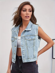 Sleeveless Denim Vest Flap Pockets Lapel Denim Jacket Women's Clothing