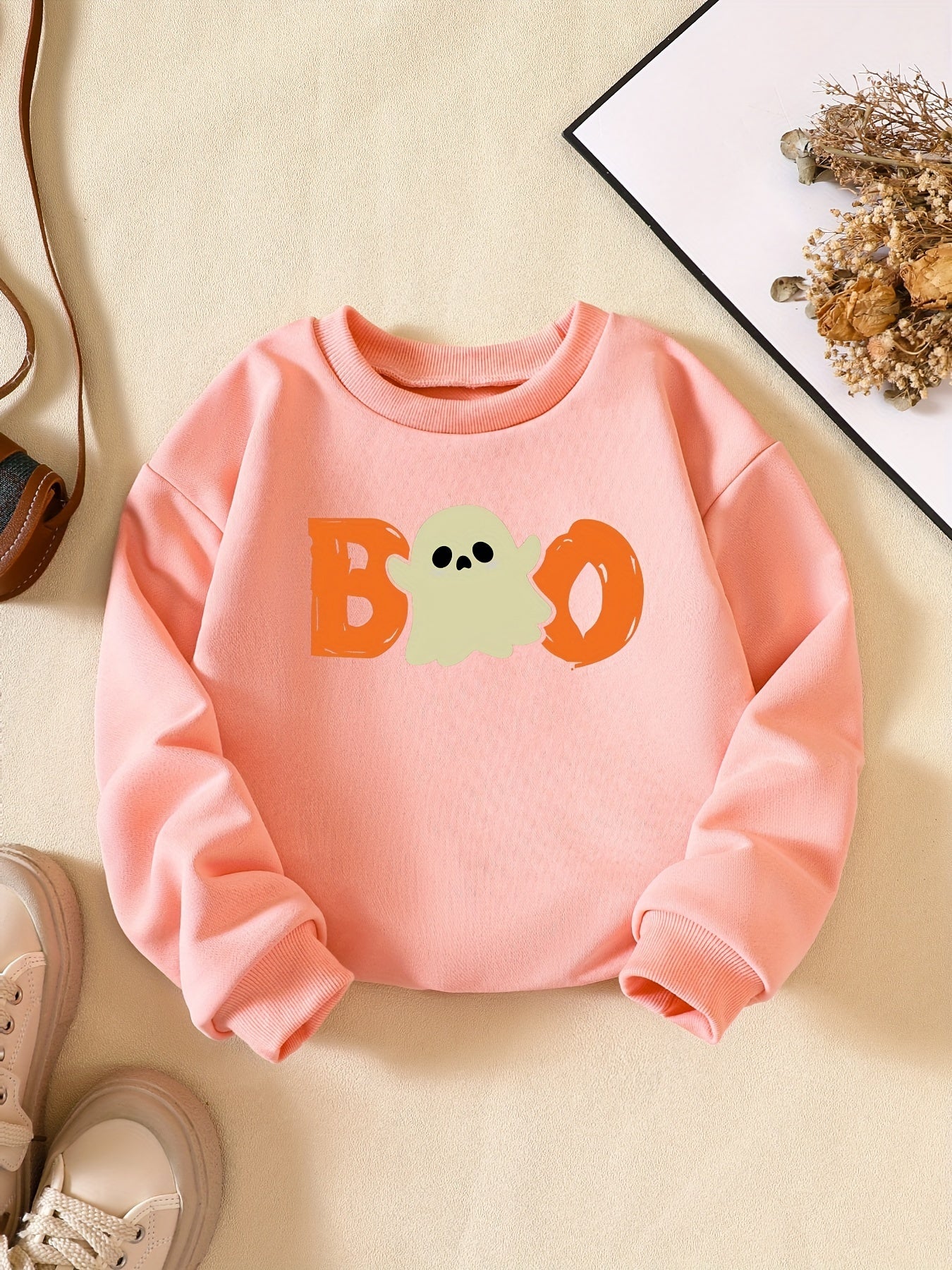 Girls' Fun Ghost Print Sweatshirt - Casual Halloween Outfit