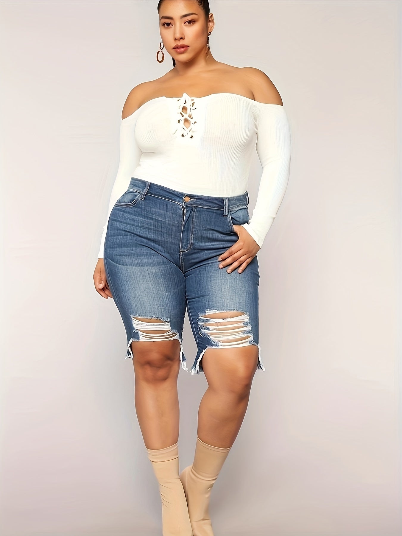 Distressed Denim Shorts Medium Stretch Jean Shorts