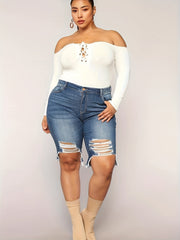 Distressed Denim Shorts Medium Stretch Jean Shorts