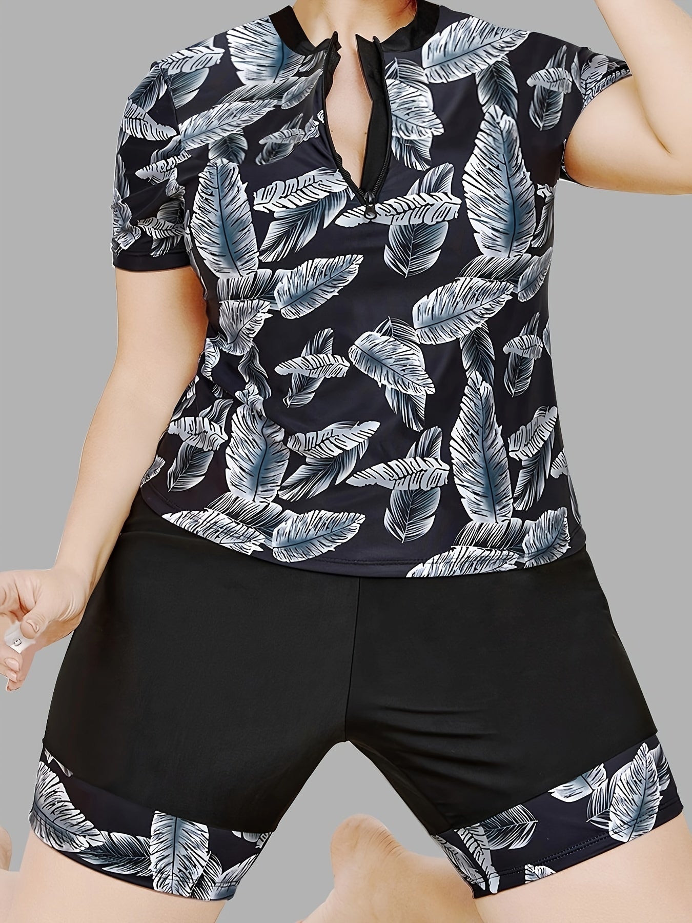 Leaf Print Zip Up Tankini Set