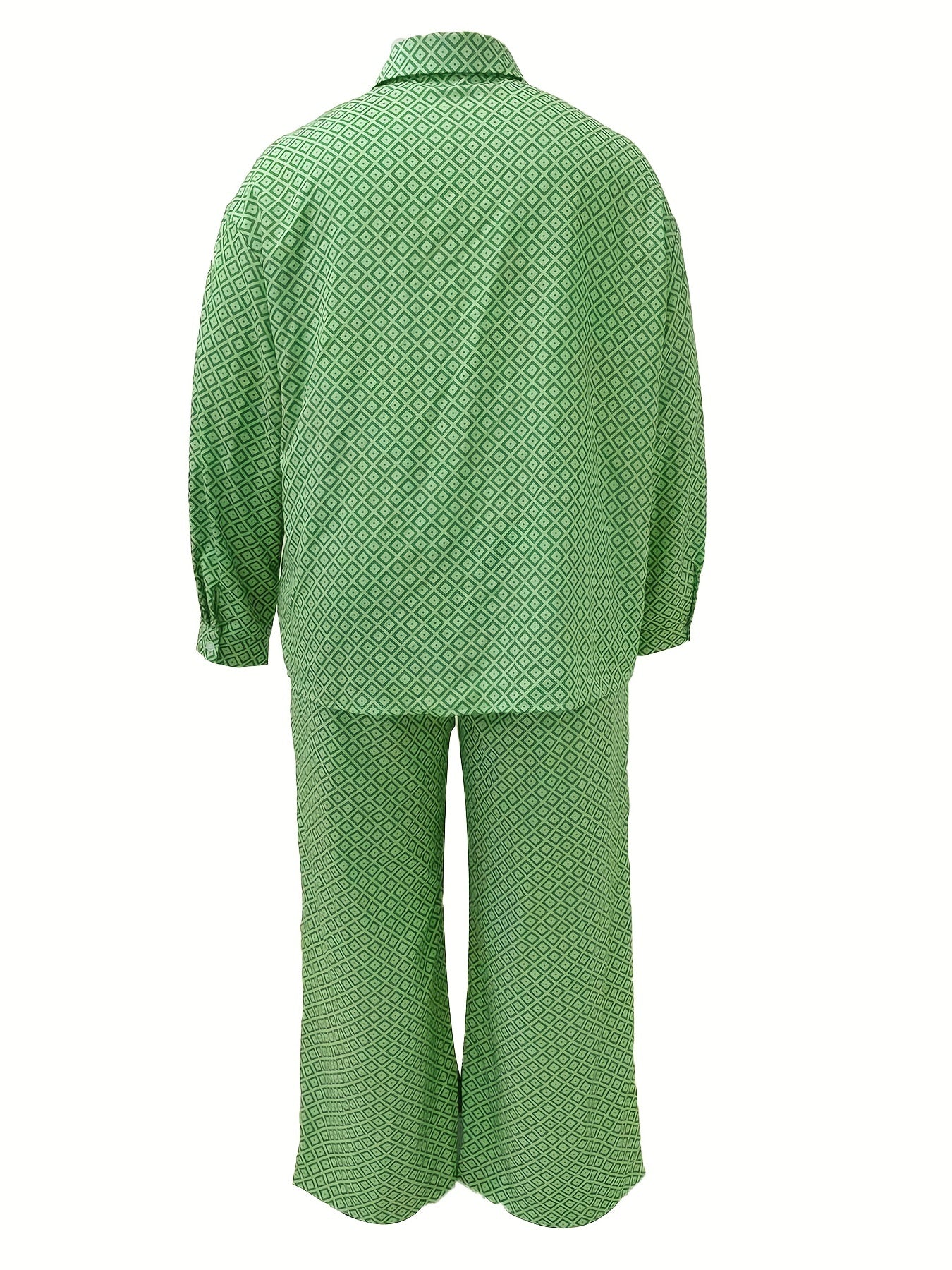 Women's Plus Allover Print Long Sleeve Button Up Shirt & Pants Outfit