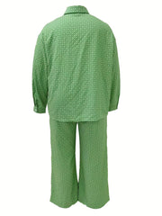 Women's Plus Allover Print Long Sleeve Button Up Shirt & Pants Outfit