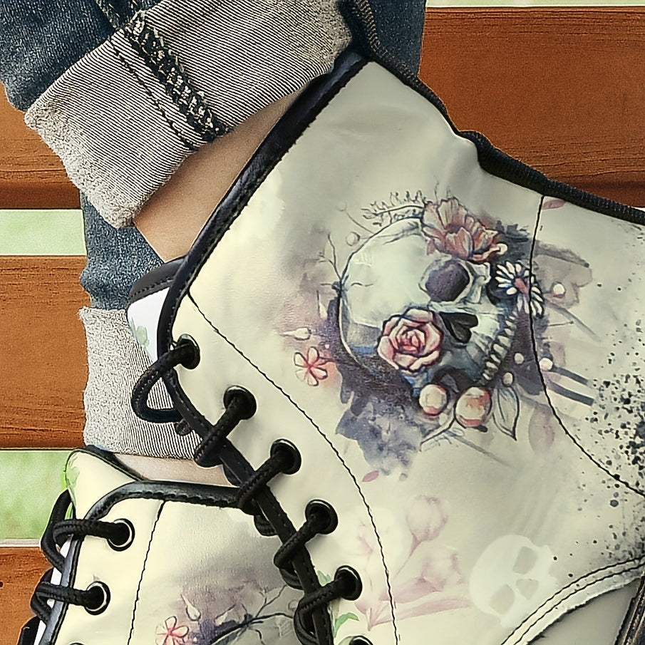 Skull & Floral Gothic Style Lace Up Ankle Boots