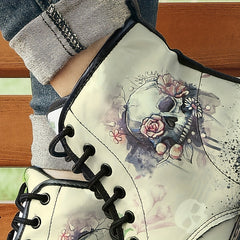 Skull & Floral Gothic Style Lace Up Ankle Boots