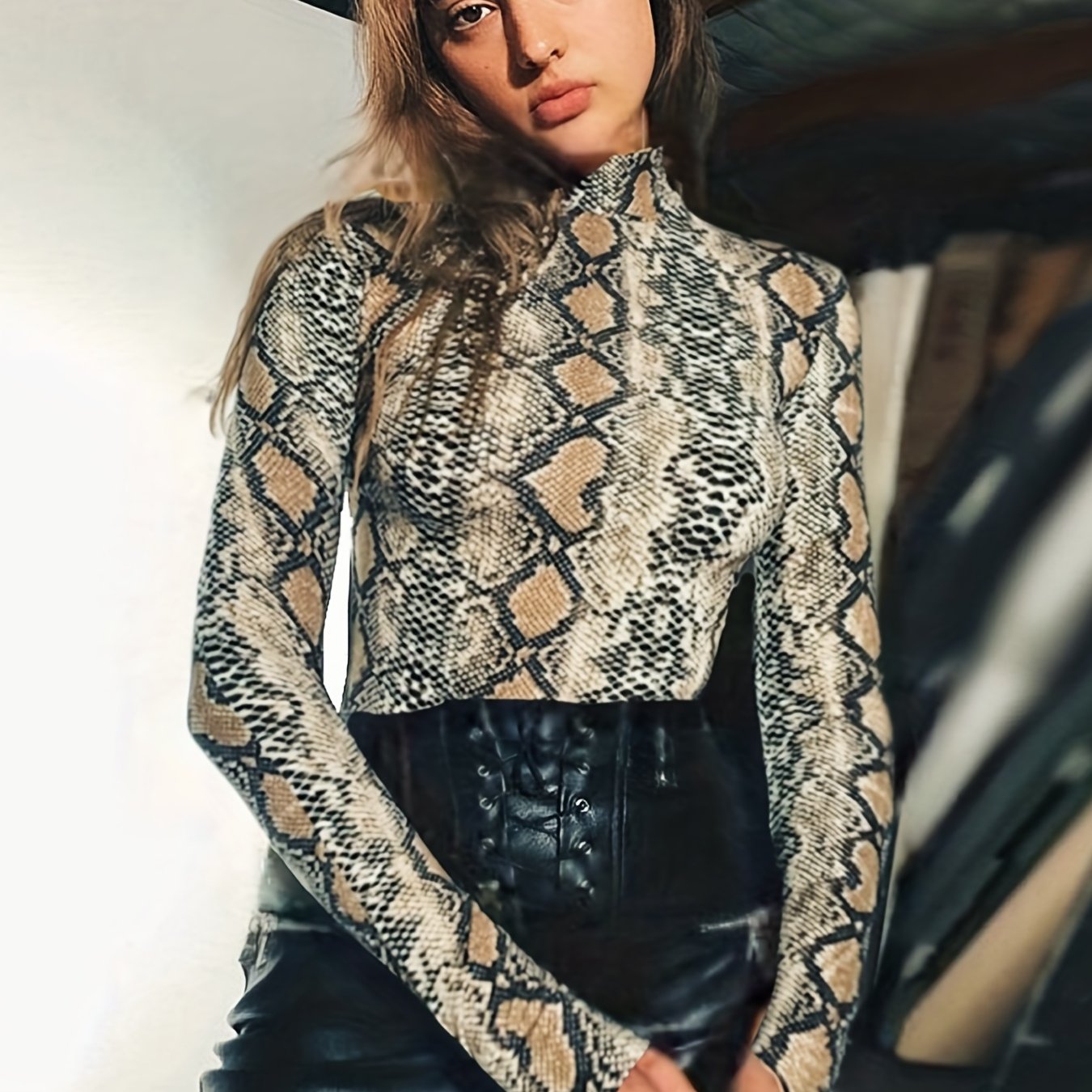 Snakeskin Print Mock Neck Bodysuit Long Sleeve Sexy One Piece