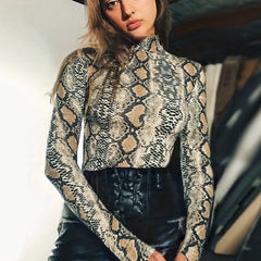Snakeskin Print Mock Neck Bodysuit Long Sleeve Sexy One Piece