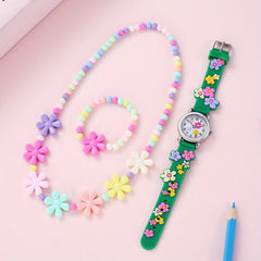 Kids Flower Pattern Watch, Bracelet, Necklace Set