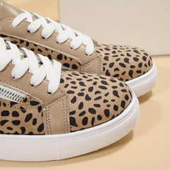 Leopard Print Skate Shoes Zipper Lace Up Low Top Sneakers Flat Walking Shoes