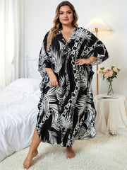 Boho Cover Up Women's Plus Chain & Tropical Print Batwing Sleeve V Nec