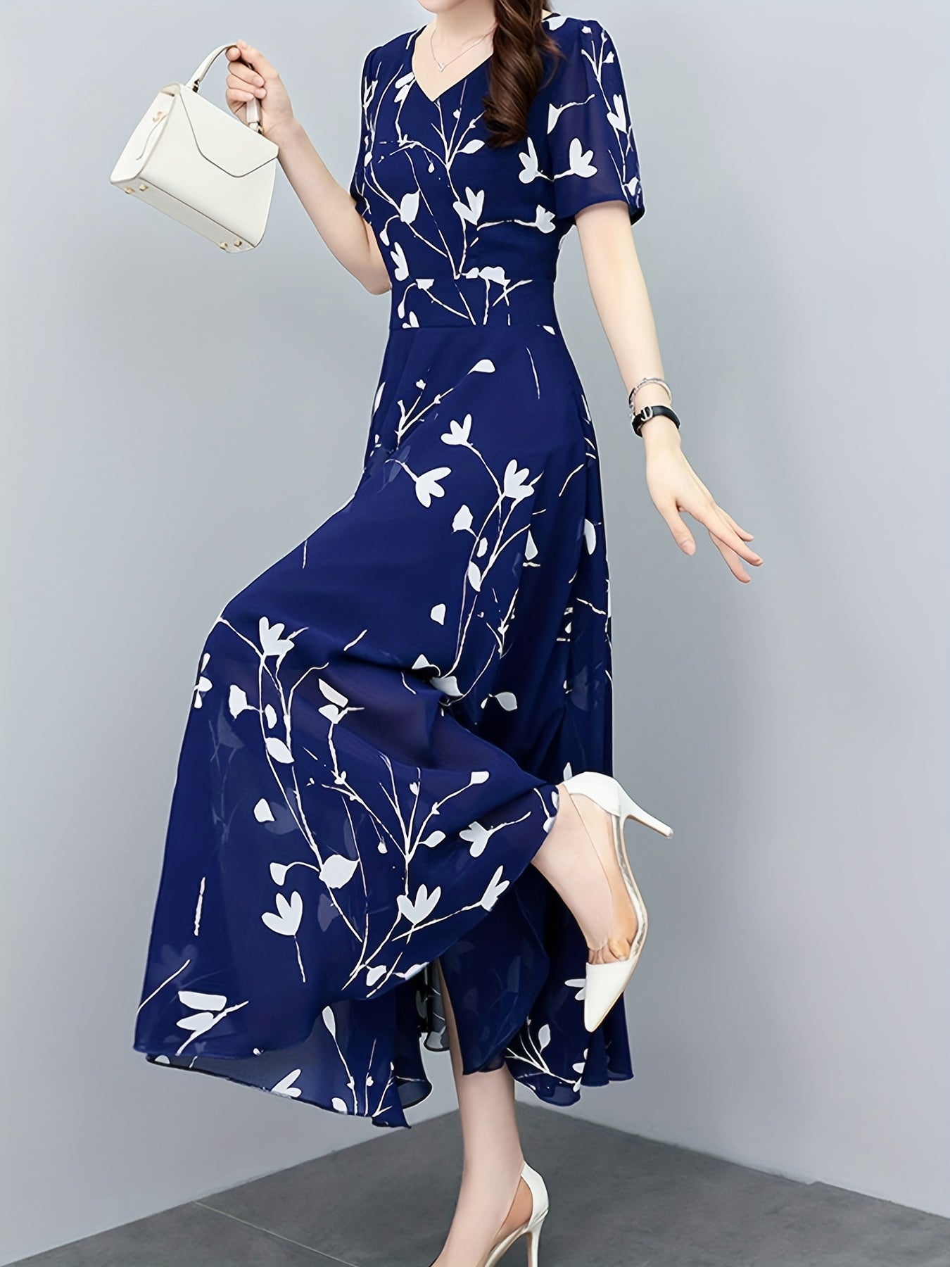 Floral Print Pleated Dress V Neck Maxi Dress Women's Clothing