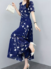 Floral Print Pleated Dress V Neck Maxi Dress Women's Clothing