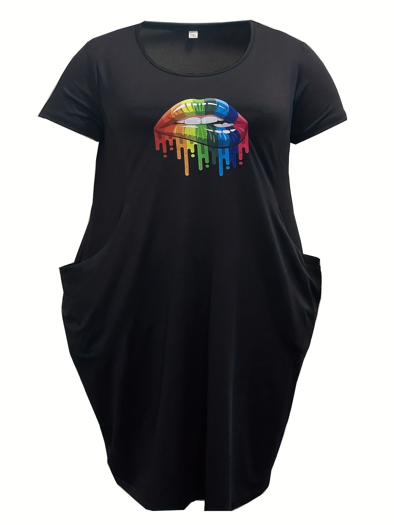 Plus Size Colorful Lip Print Short Sleeve Round Neck Dress