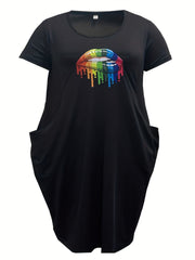 Plus Size Colorful Lip Print Short Sleeve Round Neck Dress