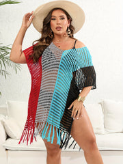 Colorblock Batwing Sleeve Fringe Trim Cover Up