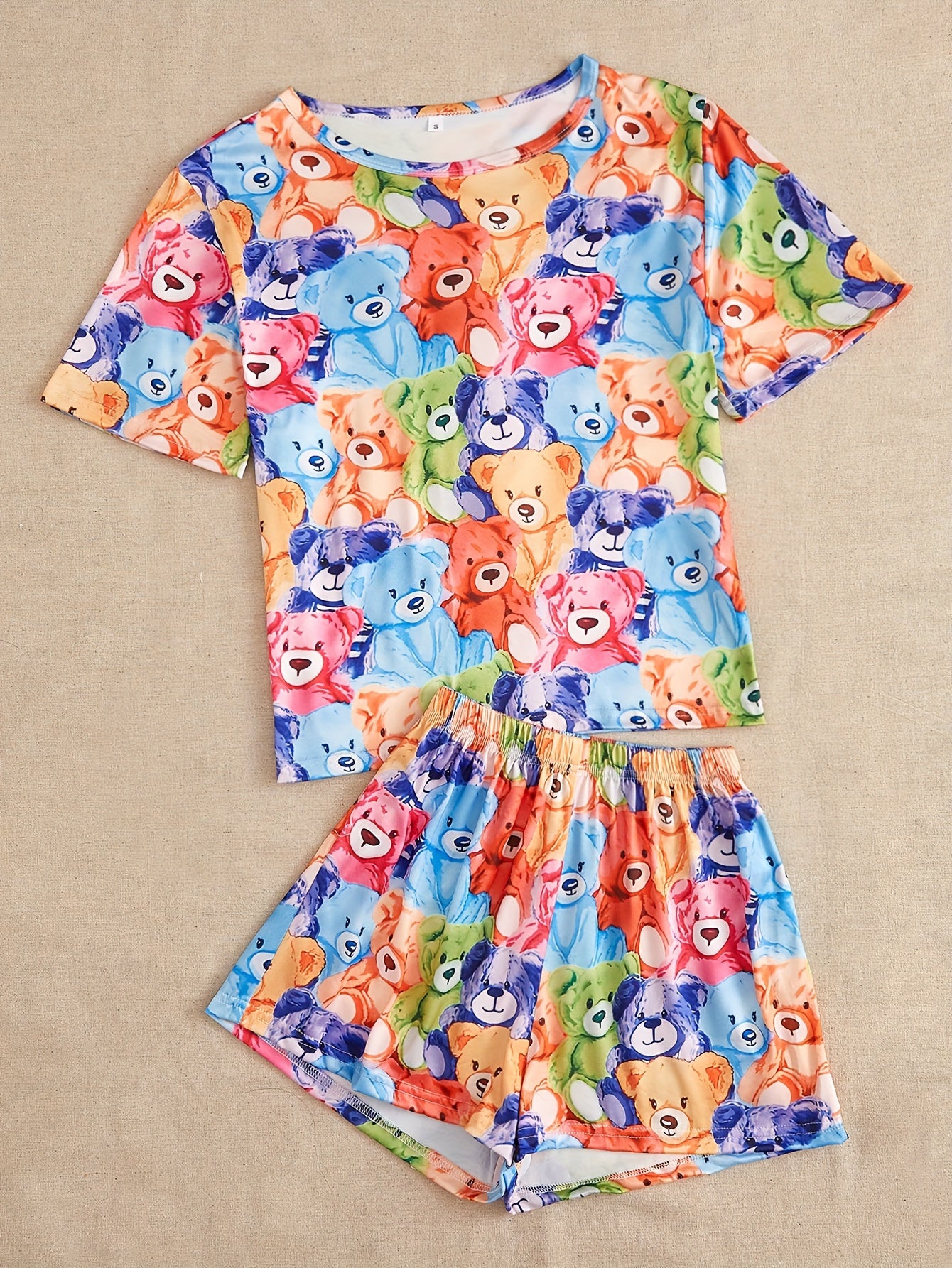 Bear Print Pajama Set Short Sleeve Top & Shorts Women's Sleepwear