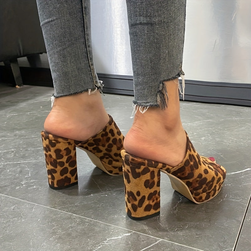 Leopard Print Sandals Block Heeled Shoes Comfy Peep Toe Slip