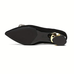 Rhinestone & Bow Chunky Heel Pointed Pumps