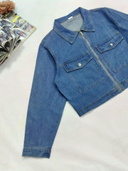 Women's Plus Denim Jacket Long Sleeve Zipper Collar Casual Top