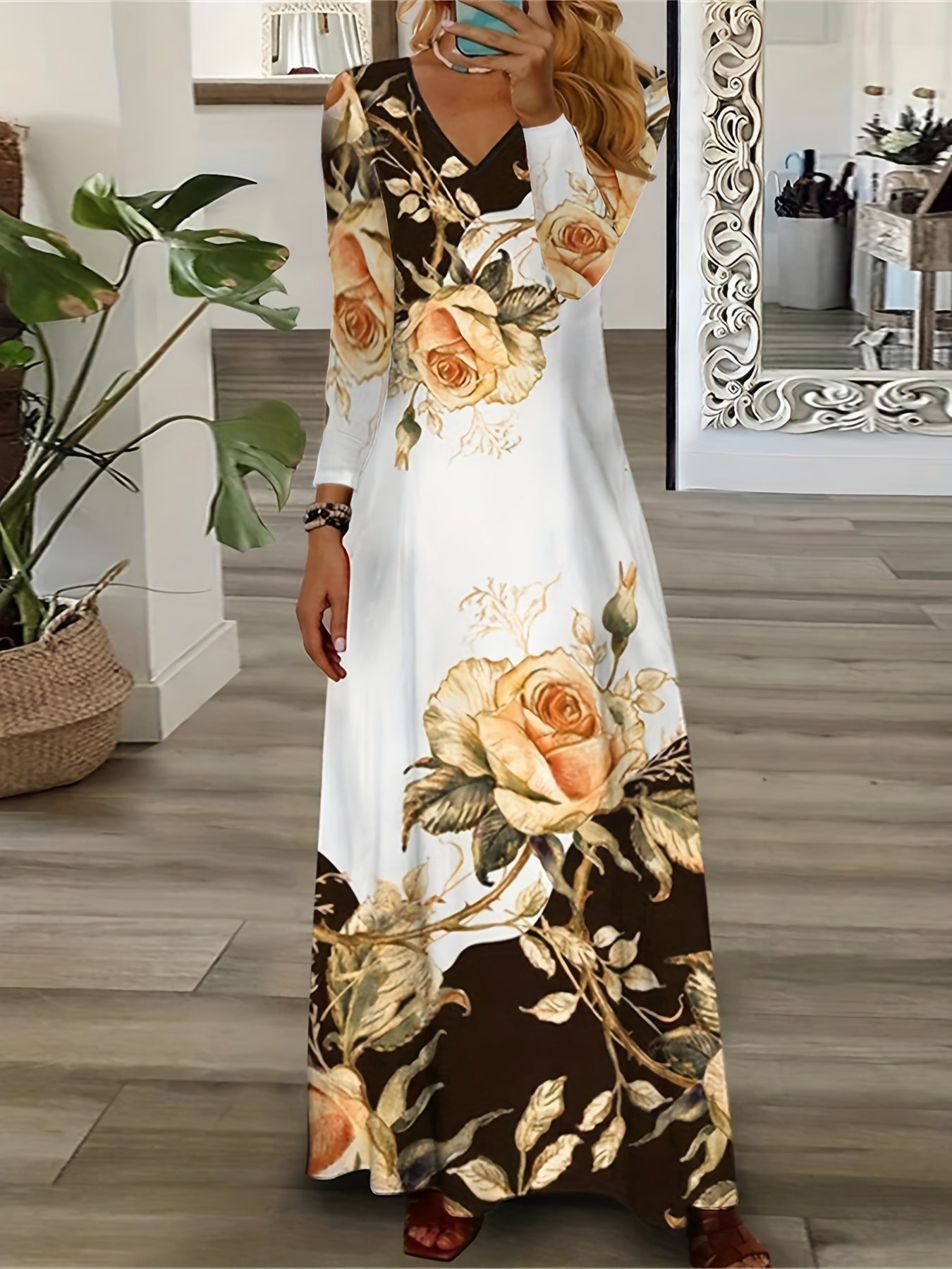 Floral Print V Neck Maxi Dress Long Sleeve Medium Stretch