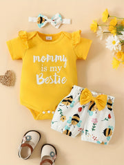 3pcs Baby Girls Mommy Is My Bestie Bee Flowers Onesie & Shorts Set