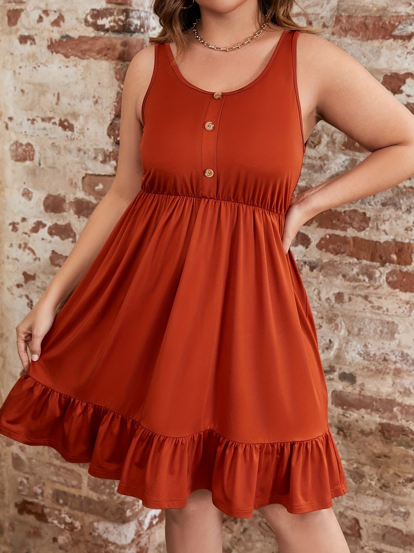 Casual Dress Women's Solid Button Ruffle Trim Round Neck Tank Dress