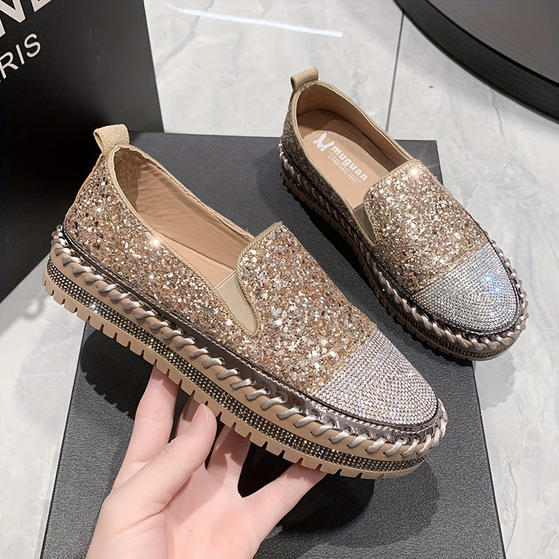Glitter Sequins Platform Slip On Sneakers with Rhinestone Decor