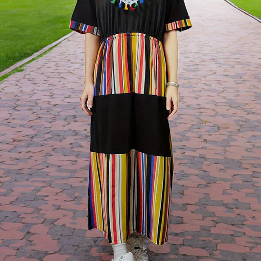 Retro Abaya Dress Women's Plus Colorful Striped Tassel Decor