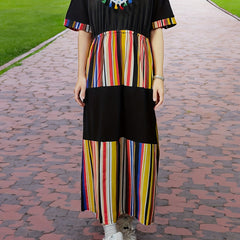 Retro Abaya Dress Women's Plus Colorful Striped Tassel Decor