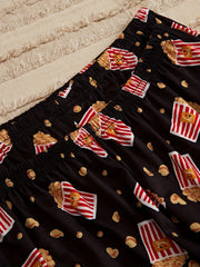Popcorn Print Pajamas Set Short Sleeve Crew Neck Top & Shorts & Pants