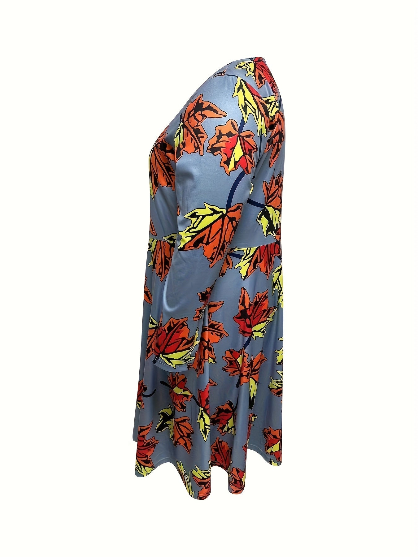 Maple Leaf Print Zipper Round Neck Dress