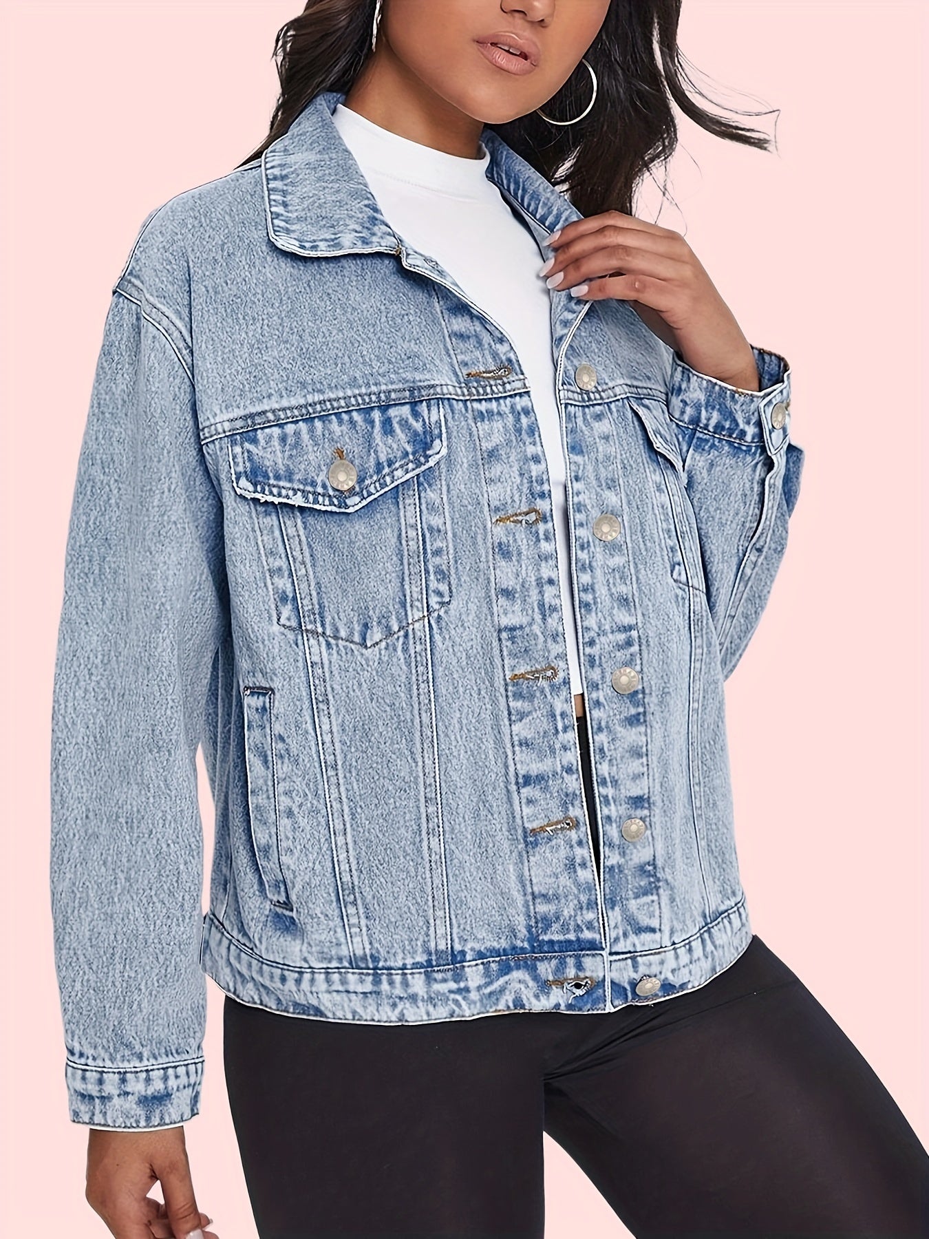 Flap Pockets Denim Coats Single Breasted Button Long Sleeves Lapel Denim Jackets
