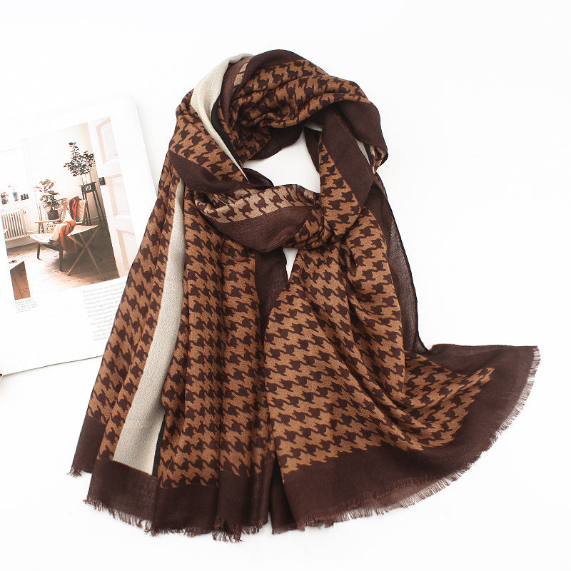 Houndstooth Frayed Scarf Shawl for Outdoor Travel
