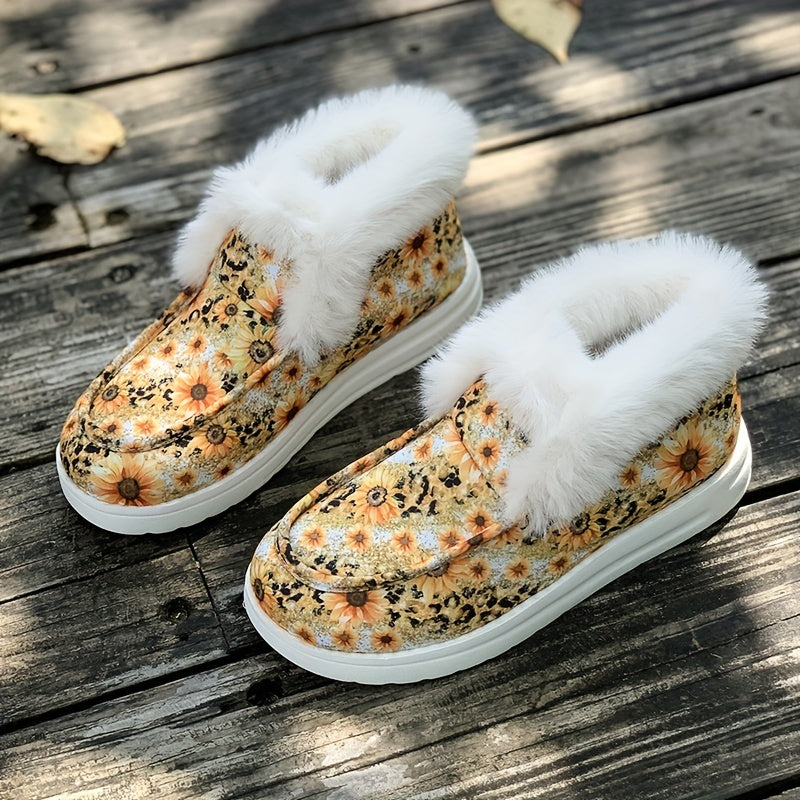 Sunflower & Leopard Print Plush Lined Furry Boat Shoes