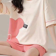 Bear Print Pajama Set Short Sleeve Top & Shorts Women's Sleepwear