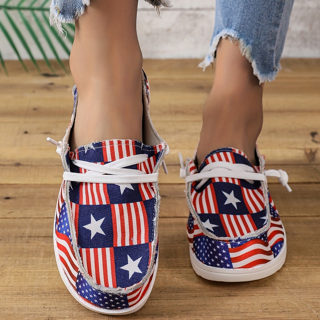Women's Flag Pattern Canvas Shoes Casual Lace Up Outdoor Loafers Lightweight