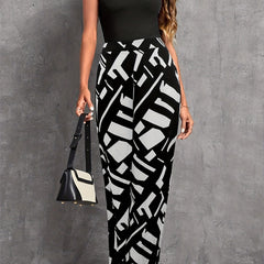 Off Shoulder Top & Geo Print Pants Set Women's Clothing