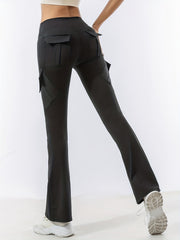 Solid Yoga Flared Pants Pockets Stretchy Running High Waist Sports Bootcut