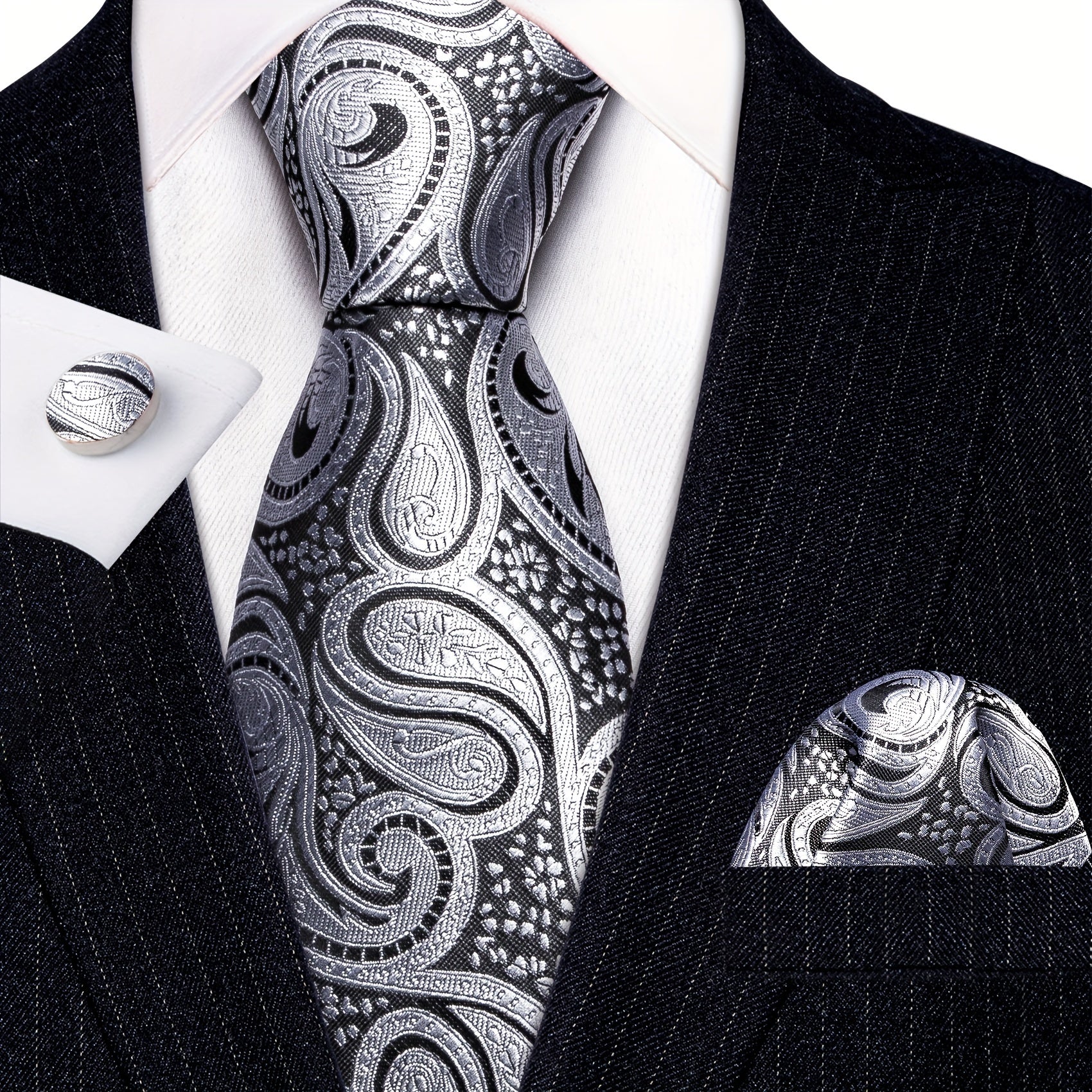 Barry Wang Men's Silver Grey Paisley Necktie Set