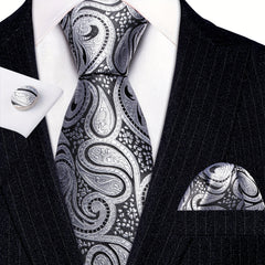 Barry Wang Men's Silver Grey Paisley Necktie Set
