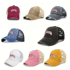 Ponytail Washed Embroidery Baseball Cap Distressed Mesh Trucker Hat