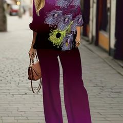 Women's Plus Peacock & Ombre Print Top & Pants Set