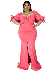 Puff Sleeve Bodycon Dress with High Split