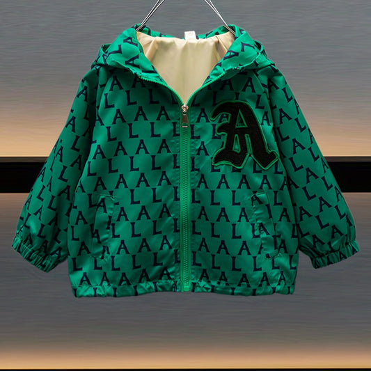 Boys Letter Print Waterproof Windbreaker Hooded Jacket